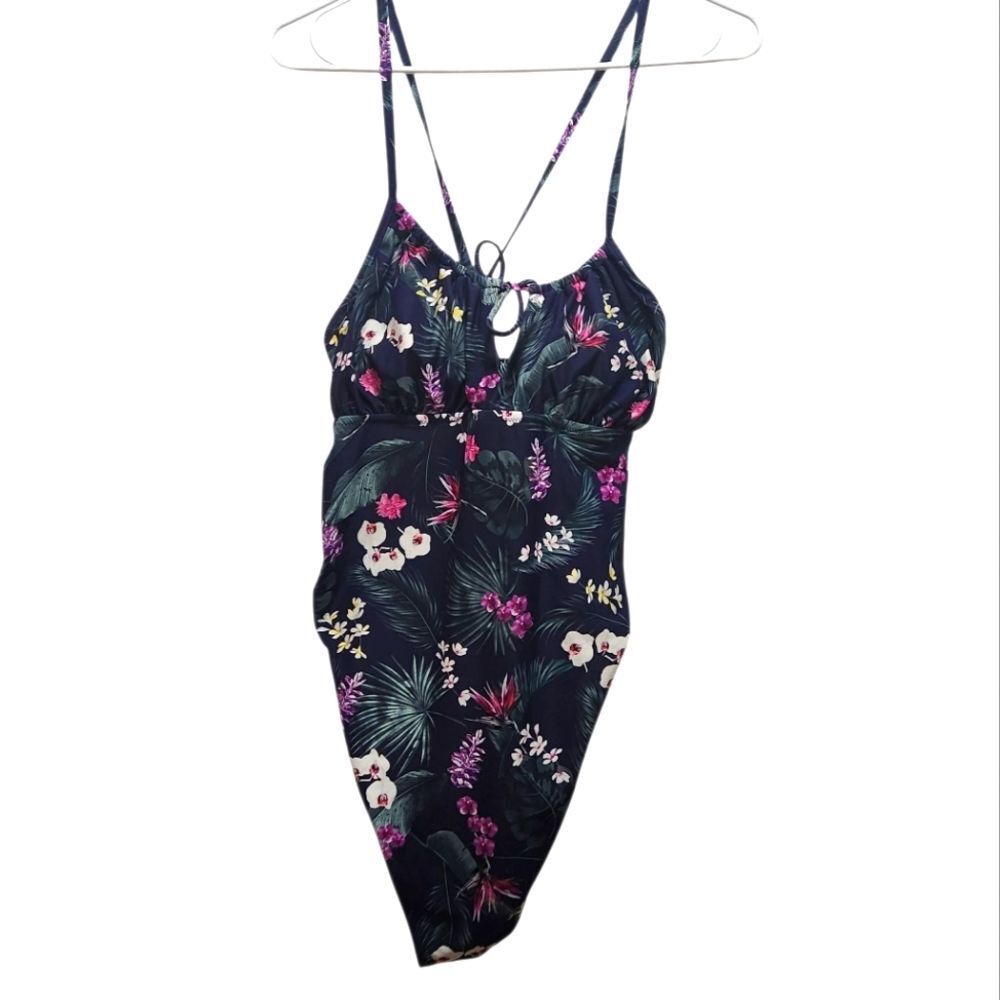 GAP Floral One Piece Swimsuit Strappy Navy Purple Floral Size M Beach Swim